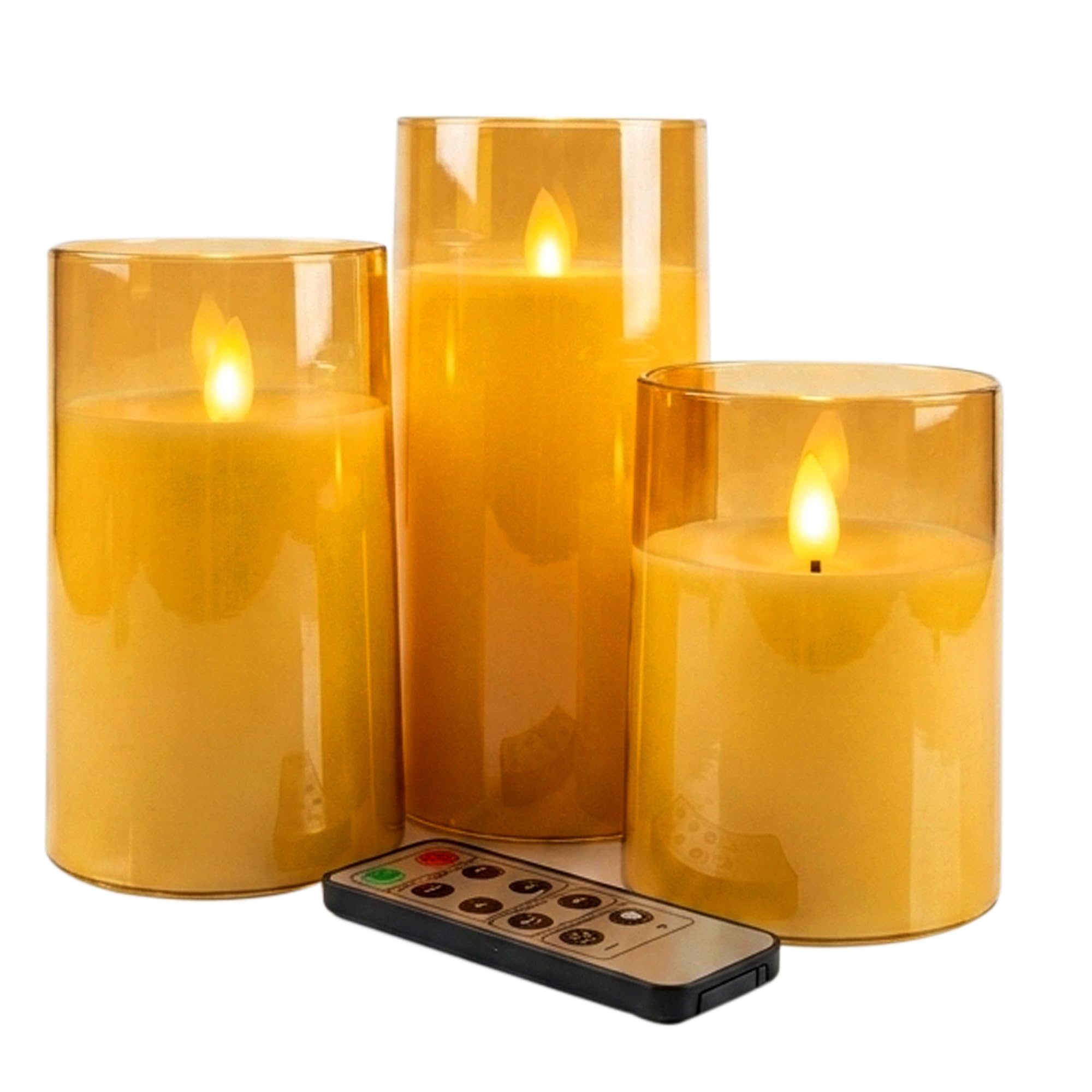 LTETTES Flameless LED Candles | Luxurious Acrylic Gold Glass with Lifelike Dancing Faux Wick | Set of 3 (H-4",5",6" x D-3") | Battery Powered with Remote Timer | Refined Touch for Home Décor