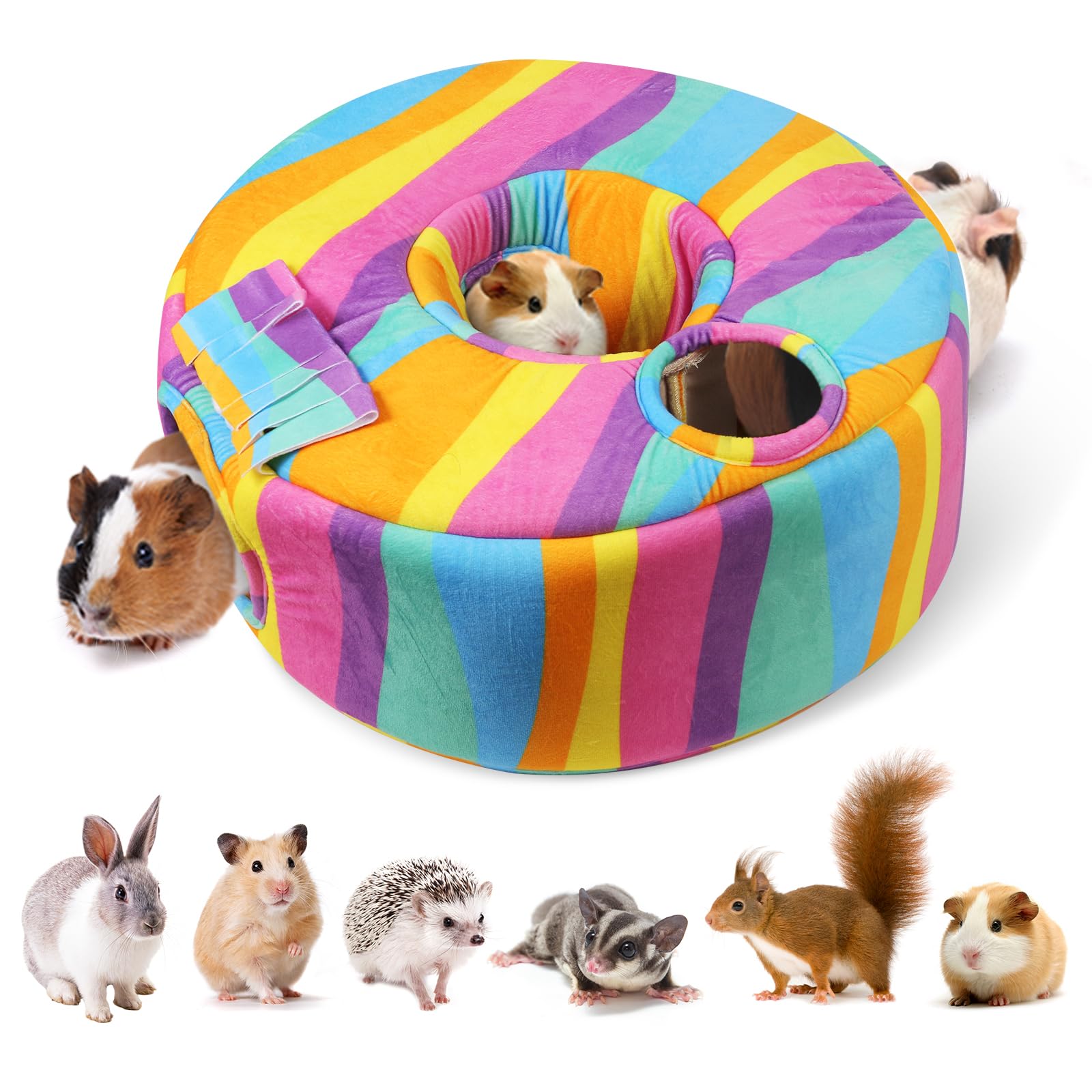 Escondite y túneles de conejillo de indias acogedora casa de cobayas con cortina de puerta, cama suave para mascotas pequeñas/hámster/planeador de azúcar/chinchilla jugando y descansando (arcoíris)