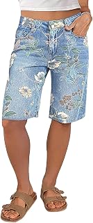 High Waisted Bermuda Shorts for Women Knee Length Floral Print Stretchy Summer Denim Shorts Trendy