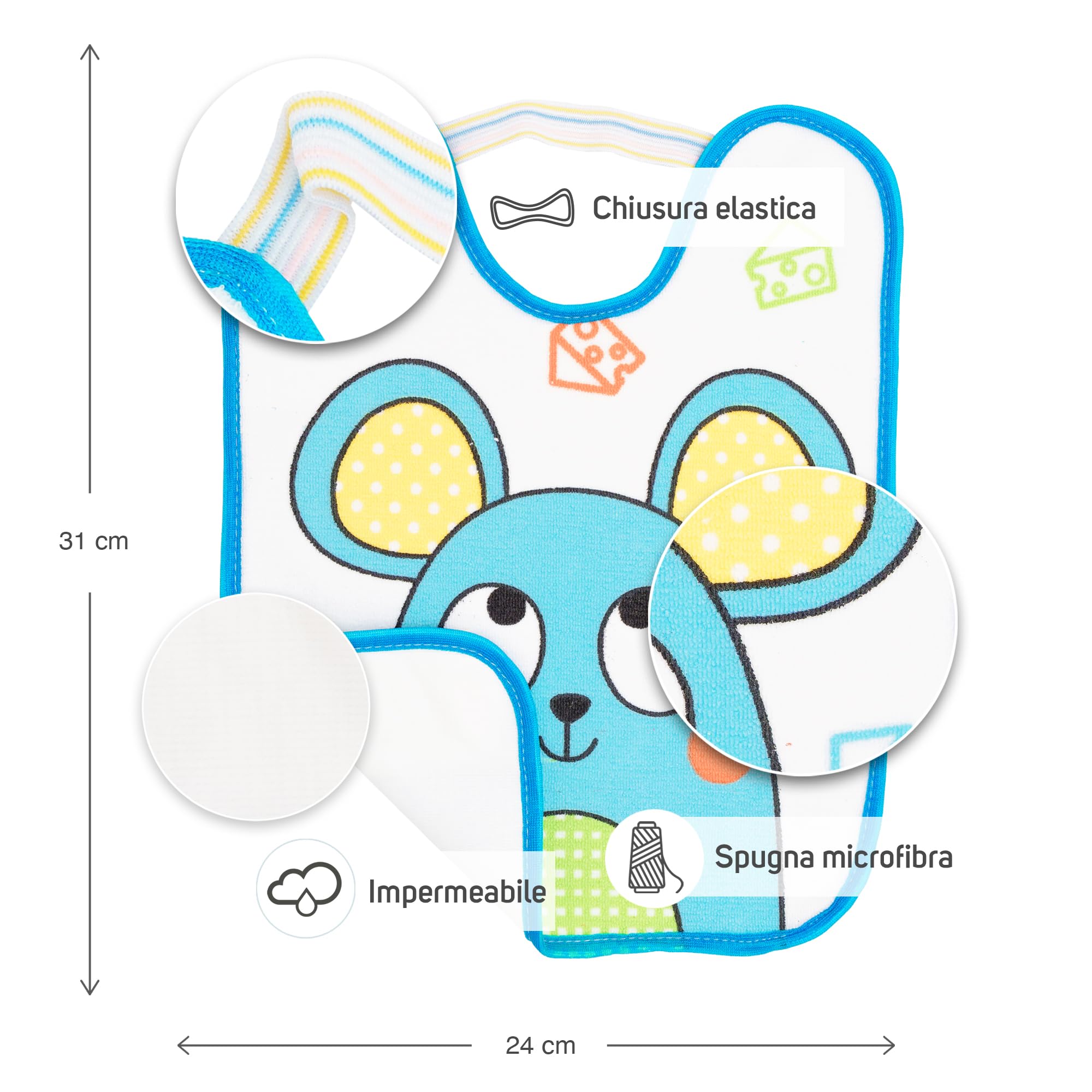 Set di 4 bavaglini per bambini 6-12 mesi microfibra impermeabili 24x31 cm con elastico animali