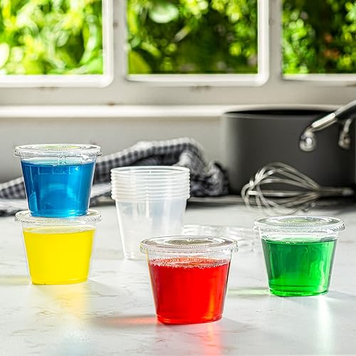 Miniatura 24 de GUSTO 2 onzas – 200 vasos de plástico transparente desechables para porciones con tapas, tazas de soufflé, vasos de gelatina con tapas, recipientes