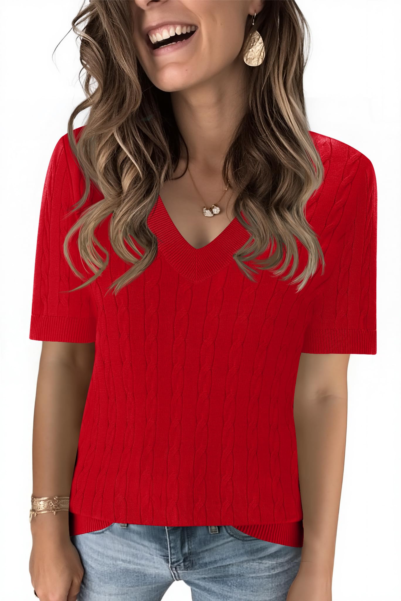 Kistore Womens Summer Short Sleeve Sweaters Tops V Neck Cable Knit Lightweight Sweater Shirts Blouses 2025