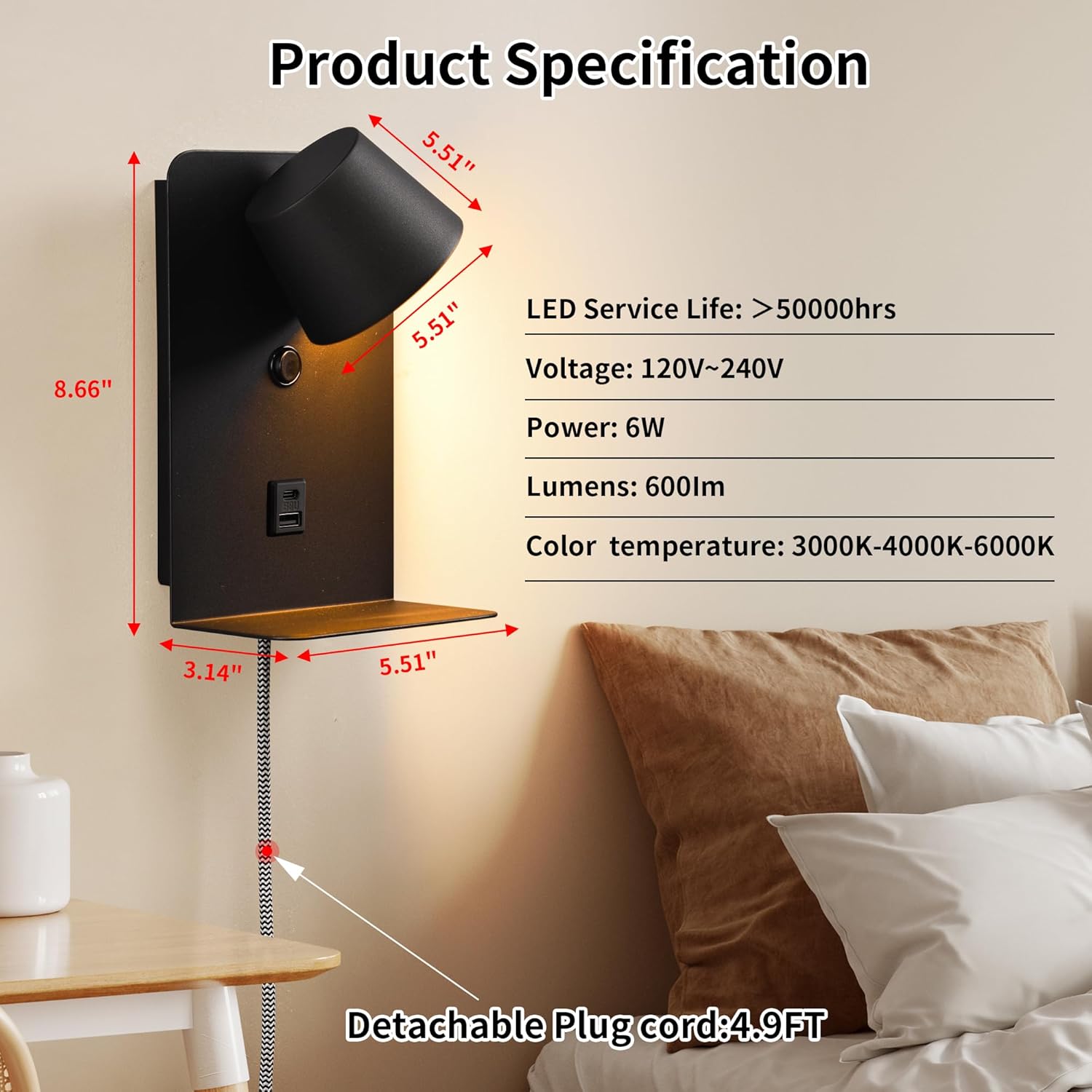Modern LED Plug in Wall Sconce, Dimmable Wireless Wall Light Fixtures with Shelf and USB Port, 6W,600LM, Rotatable Small Reading Wall Lamp for Bedroom Bedside, Black