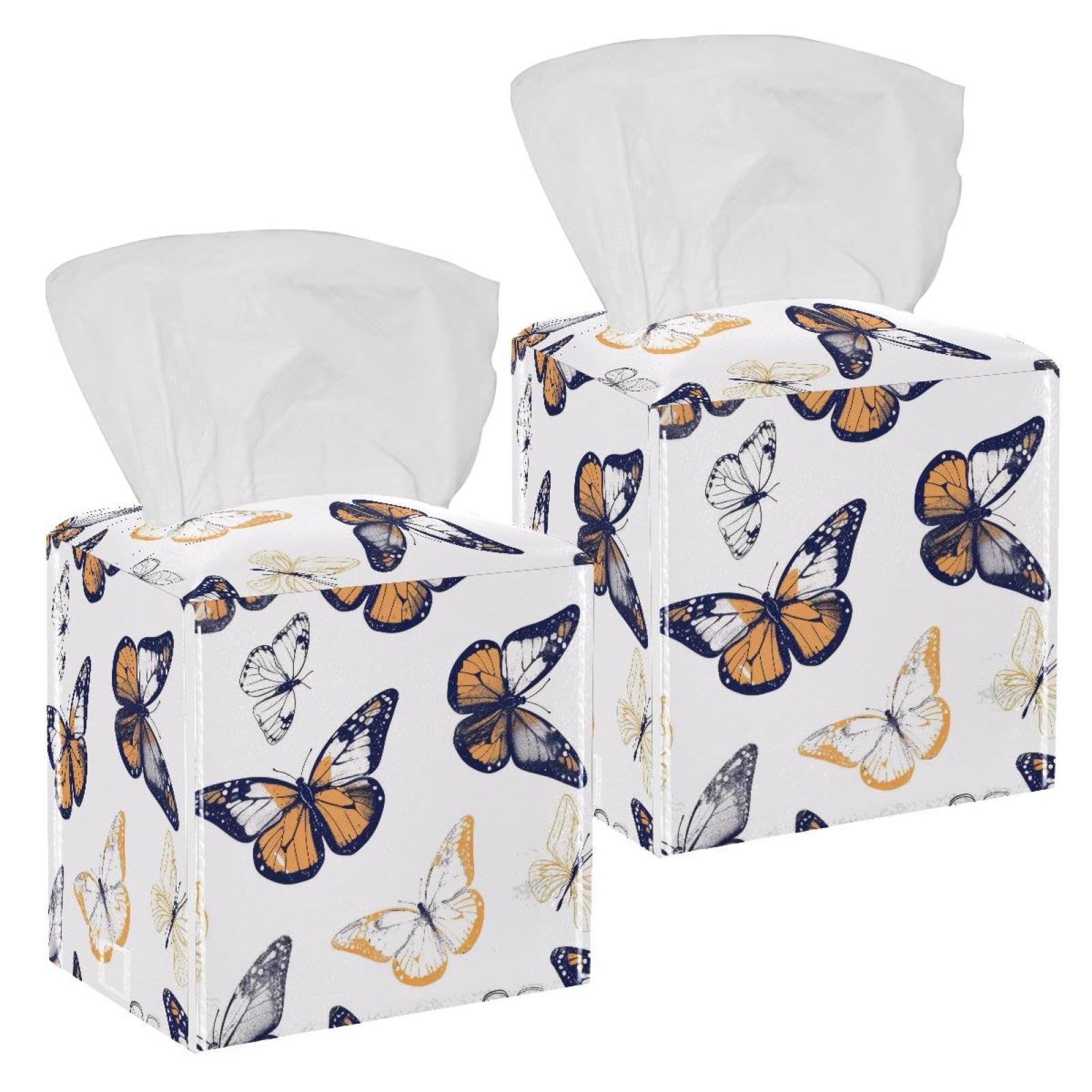 Butterflies Tissue Box Cover, 2 Pack PU Leather Square Facial Tissue Dispenser Box holder for Home Office Car