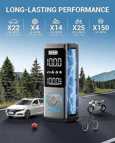 Miniatura 12 de AVAPOW Compresor de aire portátil para inflador de neumáticos, bomba de aire inalámbrica de 150 PSI para neumáticos de automóvil con medidor