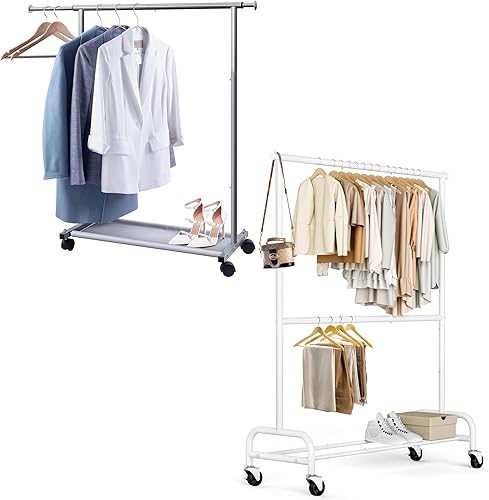 MISSLO Percheros resistentes para colgar ropa perchero rack de ropa con ruedas de metal, ajustable, blanco y plateado