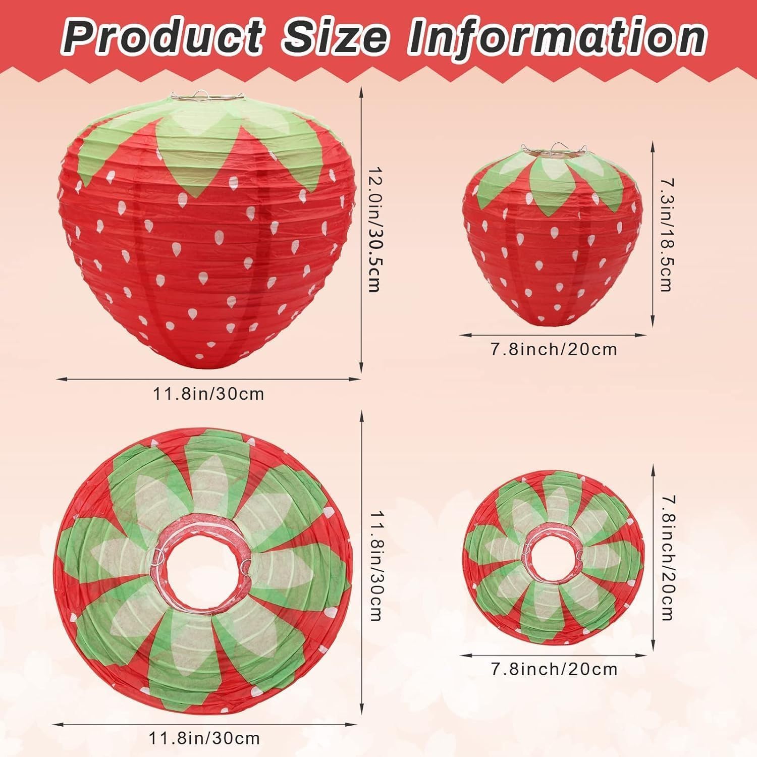 Strawberry Paper Lanterns, 8" & 12" Large Strawberry Hanging Lantern, Strawberry Hanging Decorations for Fruit Theme Birthday Party Decor(8 Pcs, Red & Pink) - Image 2