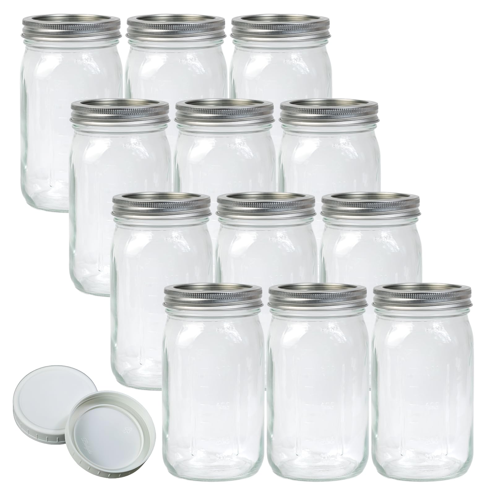 Jumterlee Tarros de boca ancha de 32 onzas, 12 unidades, tarros de conservas con tapas herméticas y tapas de plástico blanco con anillos de silicona para avena durante la noche, almacenamiento de