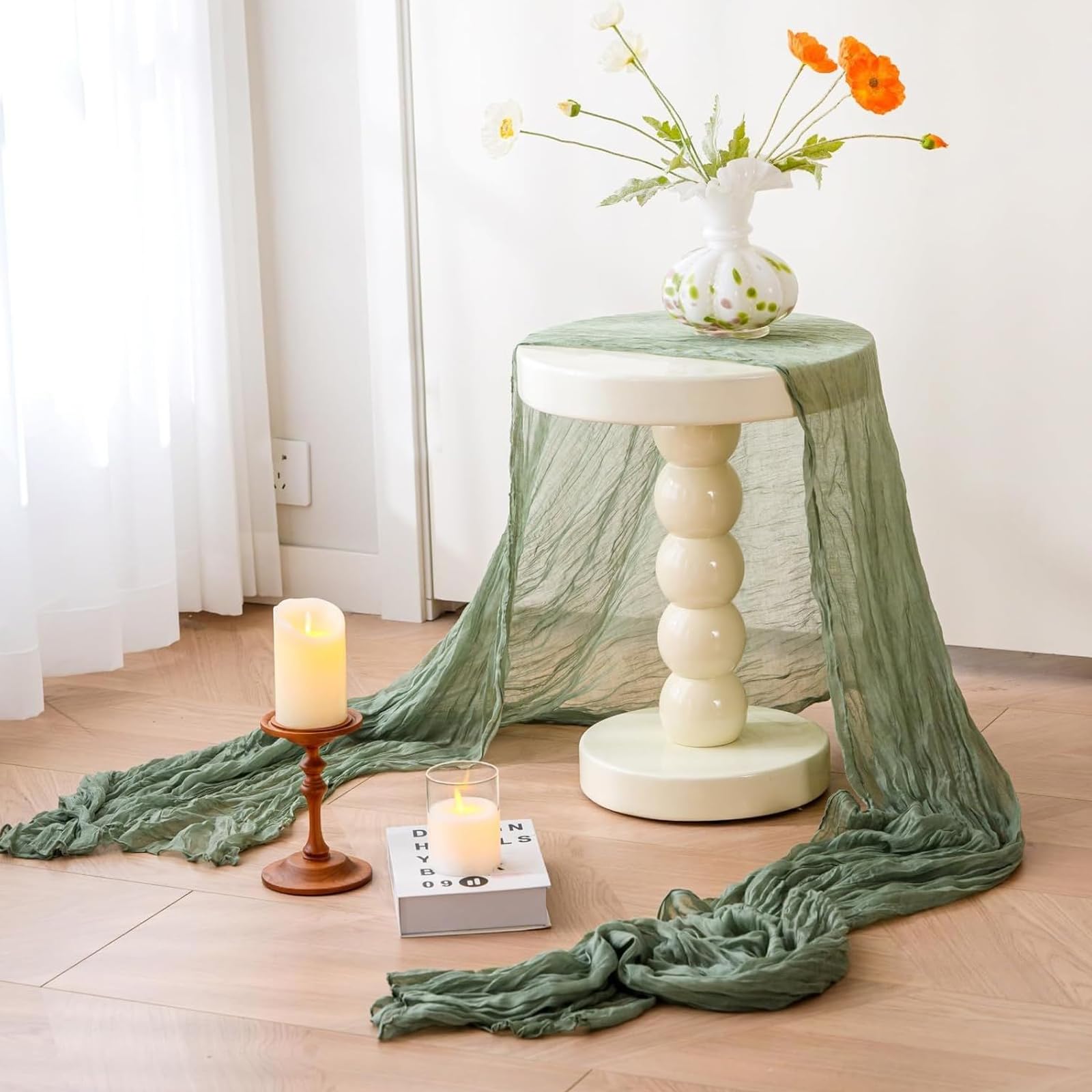 FOSDICK 1Pcs Sage Green Cheesecloth Table Runner, 90×300cm, Rustic Gauze Fabric, Boho Style, Polyester, Natural, Textured - Image 4