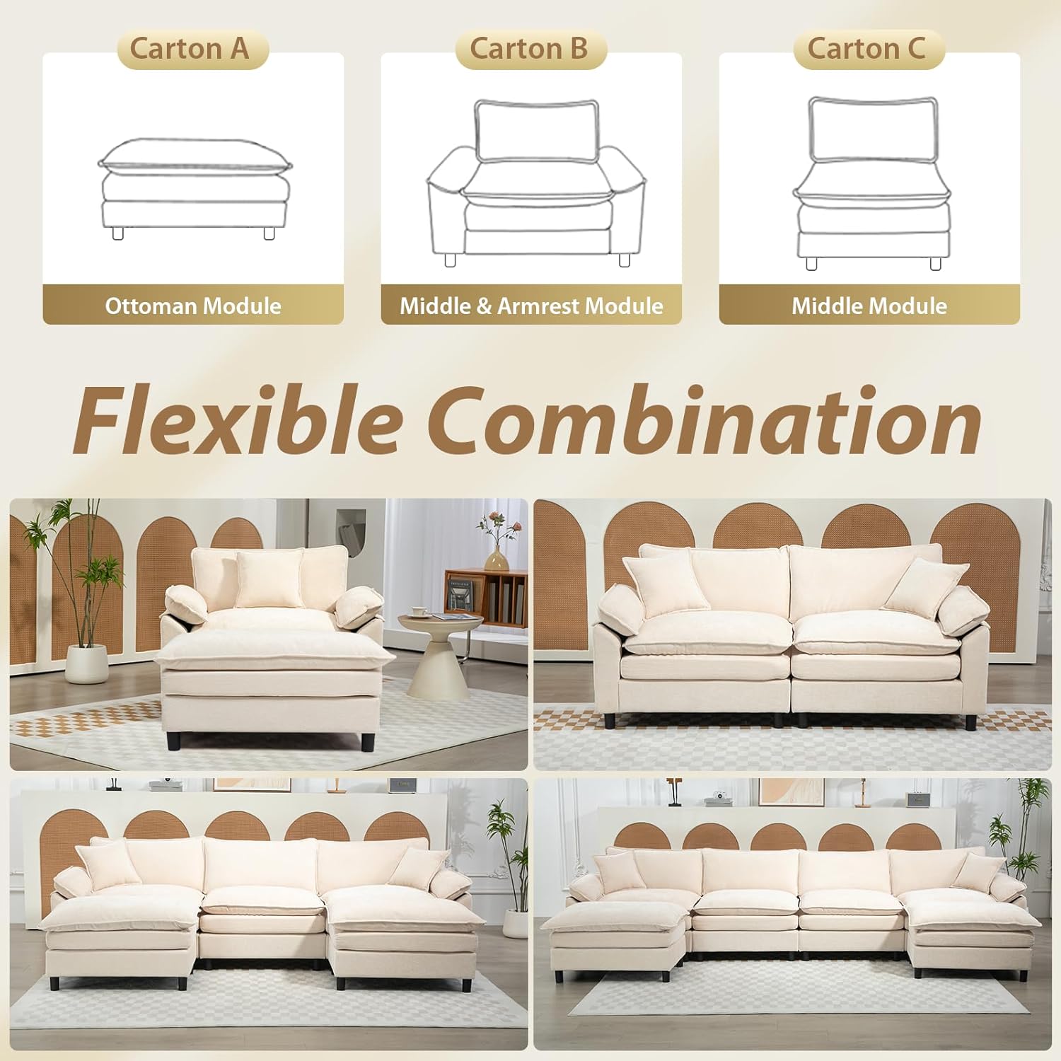 Oversized Modular Sectional Sofa, 80 Inch L Shaped Cloud Couch Set, 2-Seat Comfy Convertible Sofa with 1 Movable Ottoman, DIY Combination Sleeper Couch for Living Room(Chenille, Beige) 2-Seat & 1-Ottoman(L) Beige