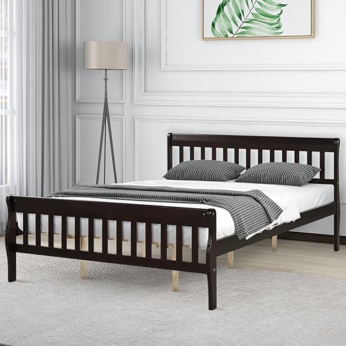 IULULU Base de cama Queen con plataforma de madera maciza con cabecero y estribo, base de colchón tamaño Queen con soporte de listones de madera, disponible en Yaxa El Salvador
