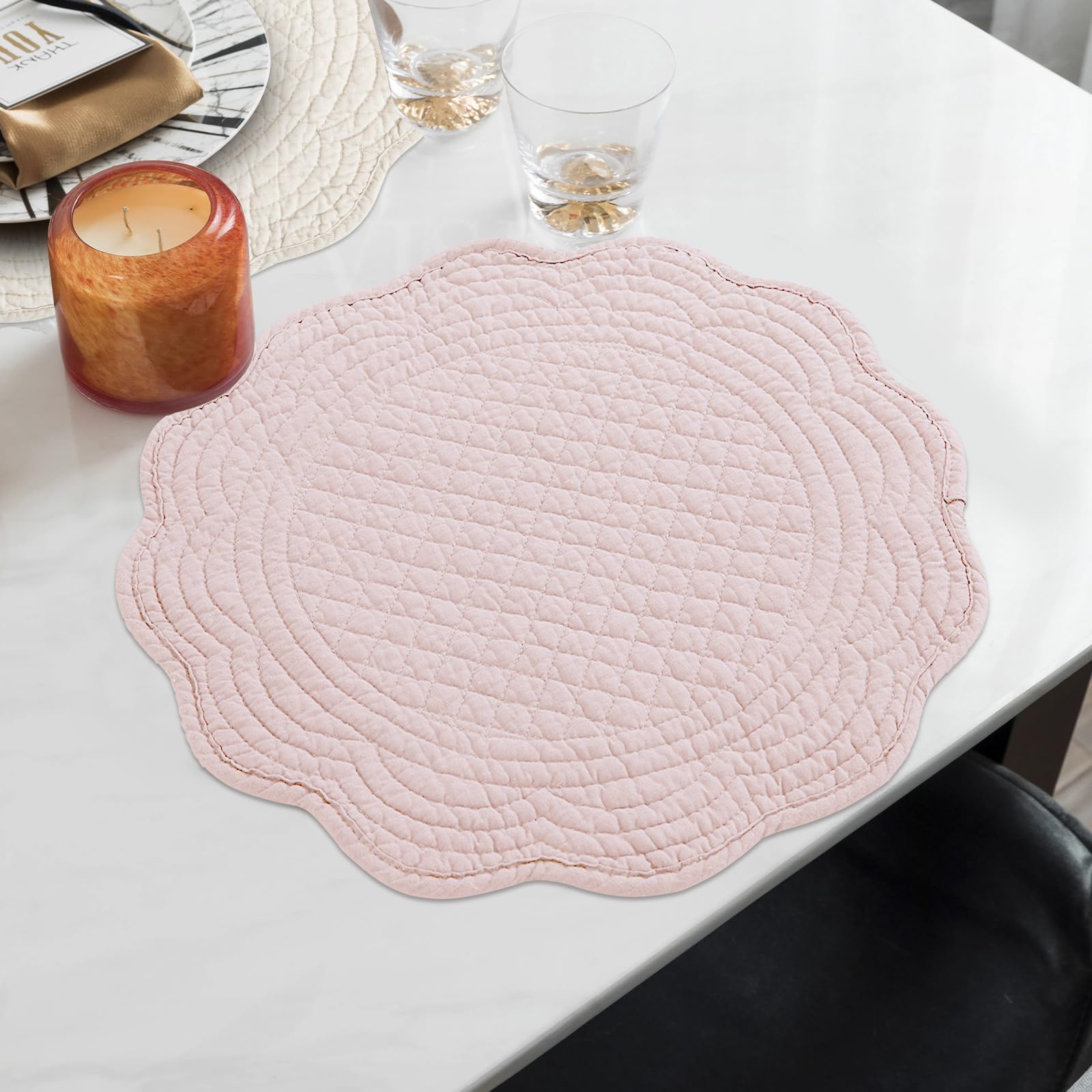 BALAPET Set di 6 tovagliette trapuntate, 100% cotone, 35,6 cm, stile fattoria, reversibile, rotondo, con bordi smerlati, per cucina, cene, feste, vacanze