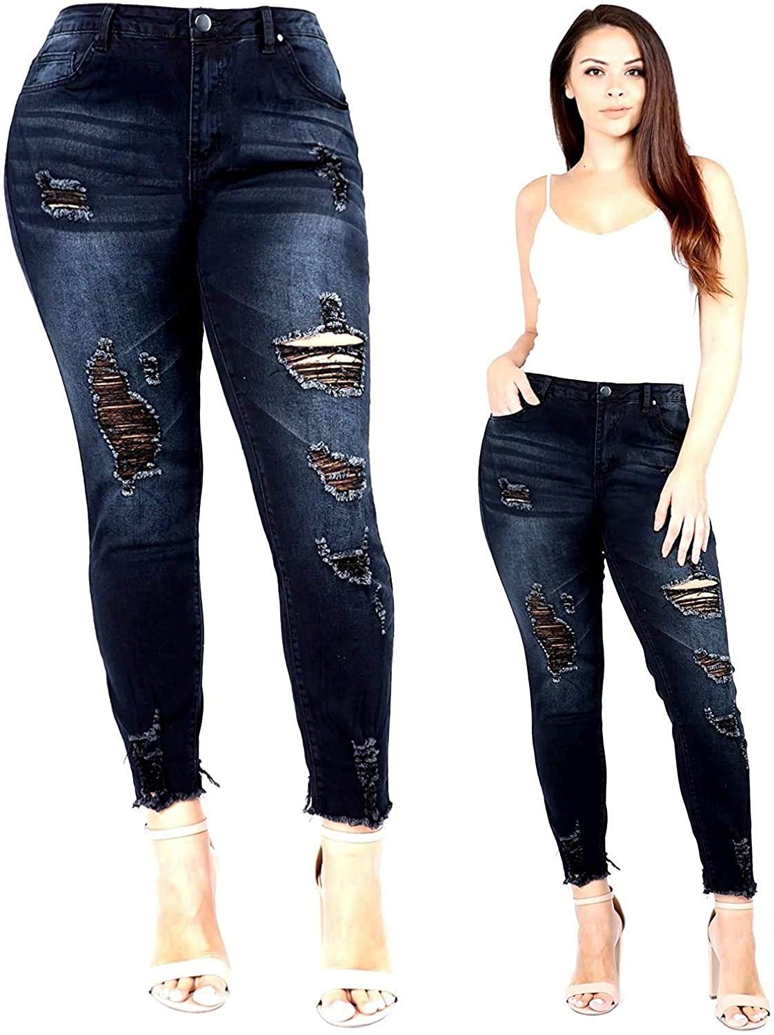 Sweet Look Womens Plus Size Stretch Distressed Ripped Blue Skinny Denim Jeans Pants