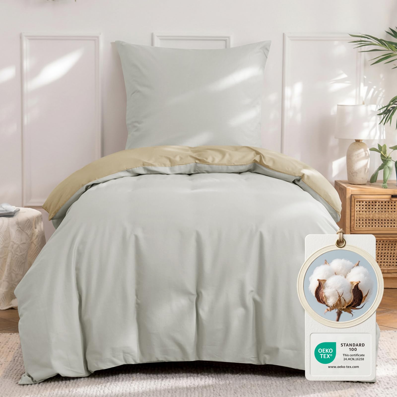 Aisbo Bettwäsche 140x200 Baumwolle - Bettwäsche-Sets Khaki Beige Wendebettwäsche Set mit Kissenbezug 80x80, Oeko-TEX Zweifarbiger Baumwollbettwäsche mit Reißverschluss