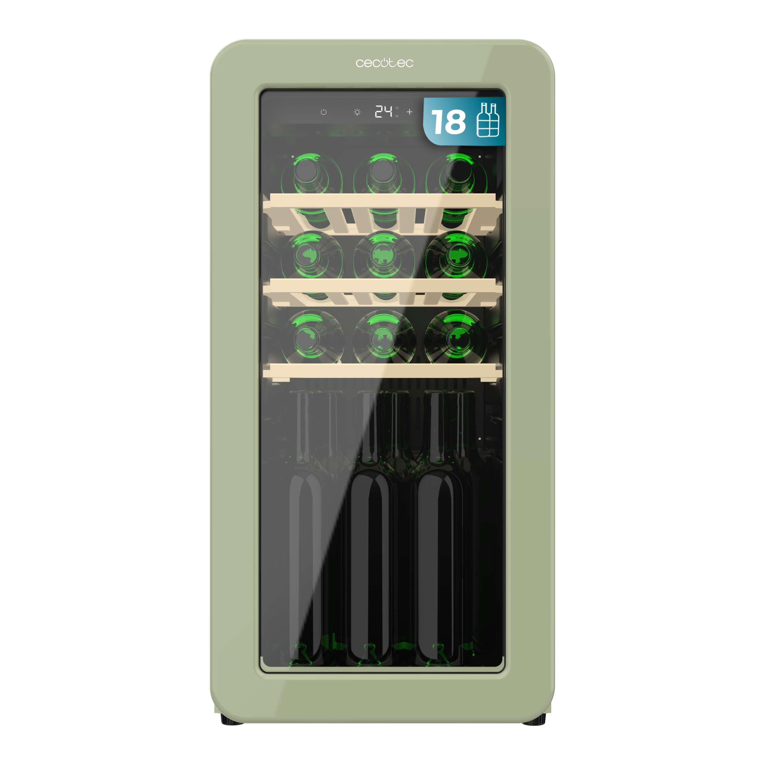 Cecotec Vinoteca 18 Botellas Retro Bolero Grandsommelier Origin 18 Hit Green. Acabado En Verde Con Control Led, Temp. 5-20ºC, Compresor, NoFrost, Estantes Madera, Luz Interior, Ventilación
