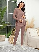 Vista 3 de OYOANGLE Conjunto de camiseta de maternidad con cuello redondo y nudo lateral para mujer