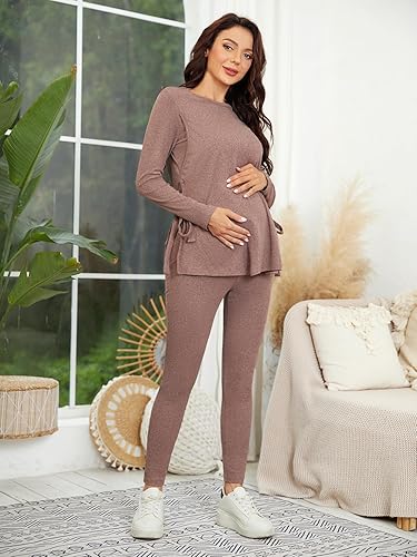 Miniatura 3 de OYOANGLE Conjunto de camiseta de maternidad con cuello redondo y nudo lateral para mujer