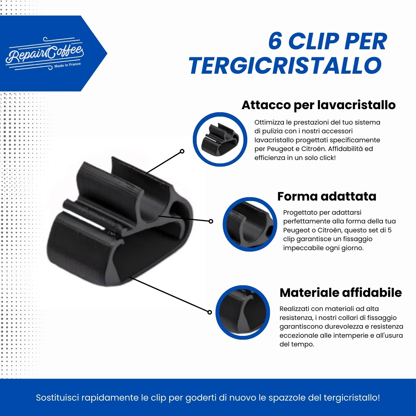 Set di 6 clip di serraggio per Peugeot 3008, 5008 e Citroen C5, DS7, fascette di fissaggio robuste per braccio tergicristallo anteriore, attacco per scopa tubo di ricambio