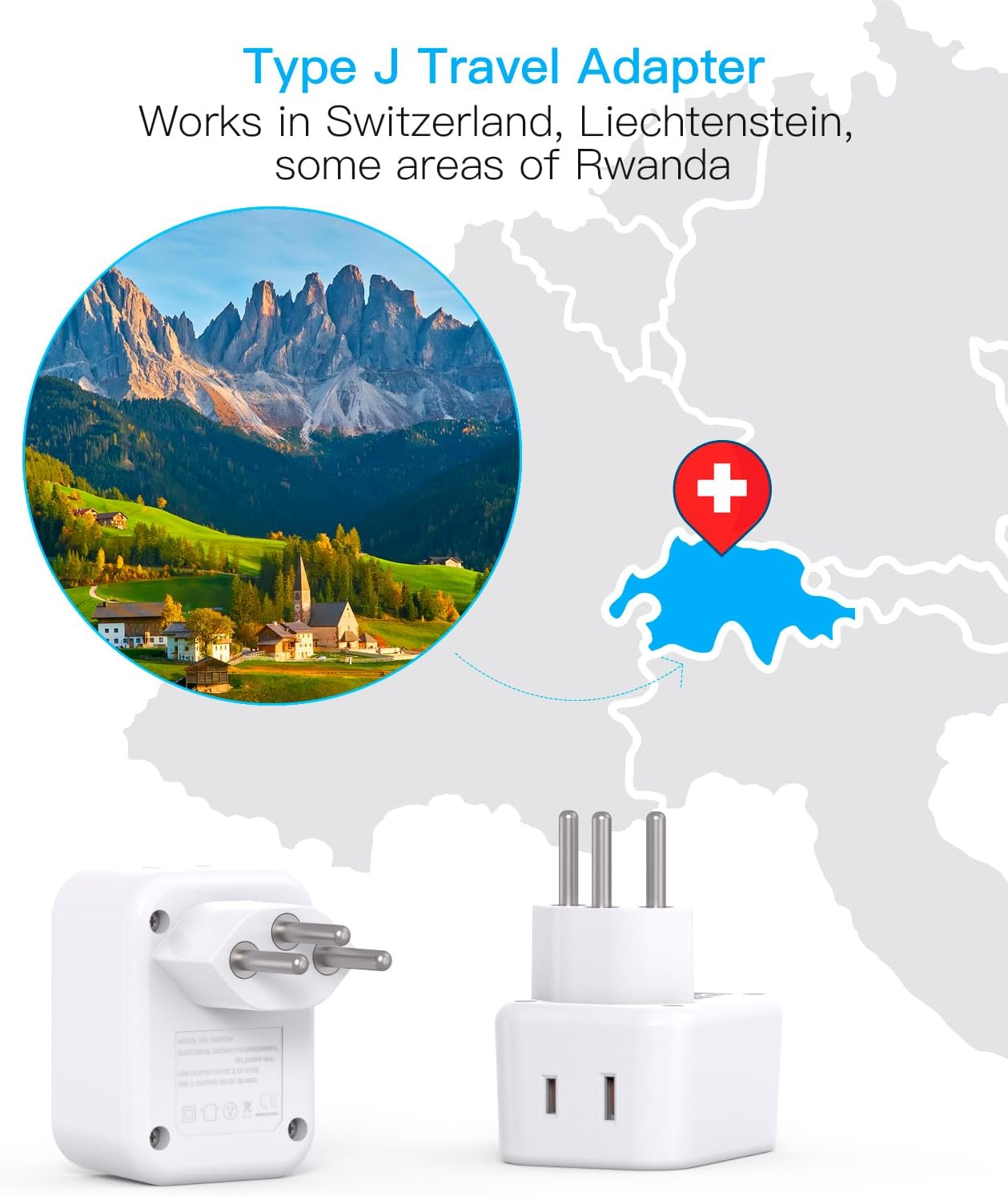 US to Switzerland Plug Adapter, Type J Swiss Travel Charger Power Adaptor image 2
