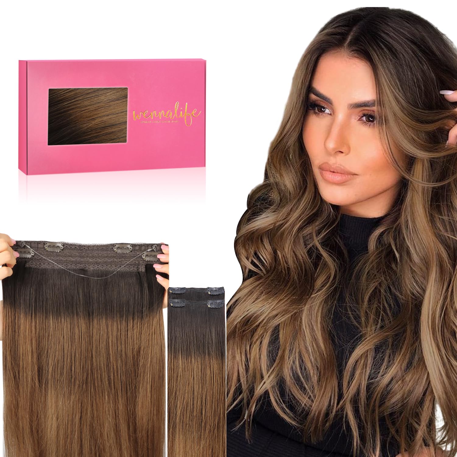 WENNALIFE Wire Hair Extensions (Increase 50% Lifespan) Real Human Hair 14 inch 75g Balayage Dark Brown to Chestnut Remy Invisible Transparent Fish Line — view 32