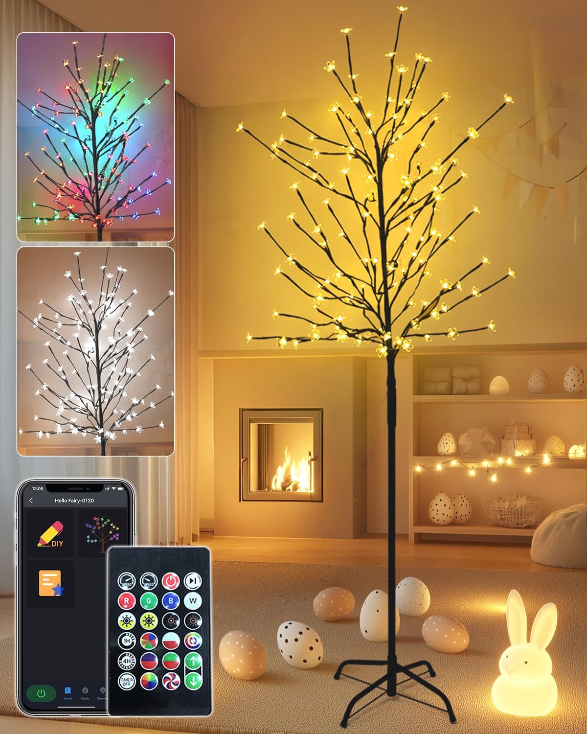 Smart LED Cherry Blossom Tree - 6ft Tall Color Changing Lighted Easter Tree App & Remote Control, Music Sync, Timer, 135 LEDs, Plug-in Fairy Tree for Indoor/Outdoor Home, Party, Wedding Decor