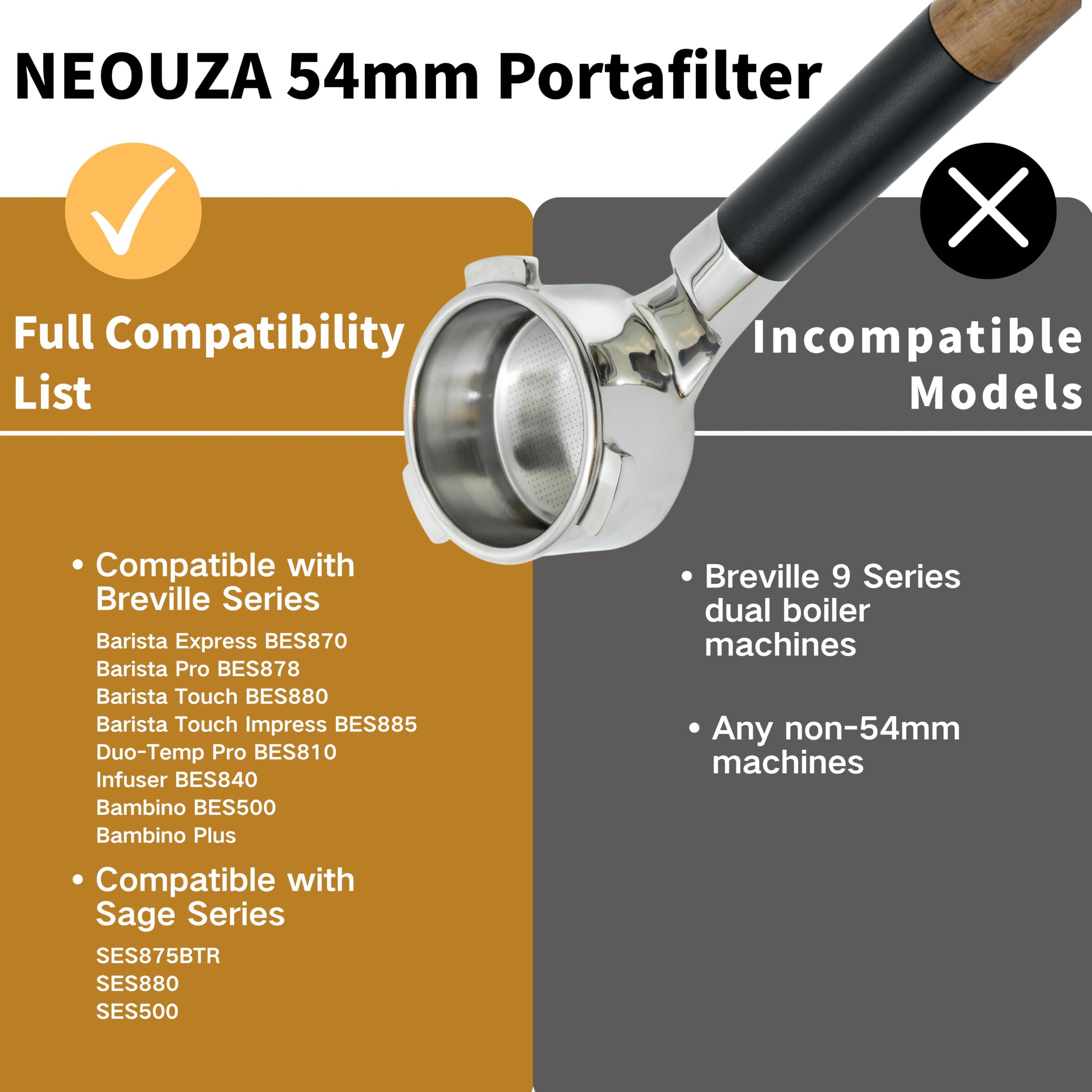 NEOUZA 54mm Bezdniowy Portafilter Płaski Stabilny Tamping dla Breville Sage | Flat-On-Counter Design, 0,2 mm Puck Screen, 18 g kosz bez ciśnienia, widoczna ekstrakcja