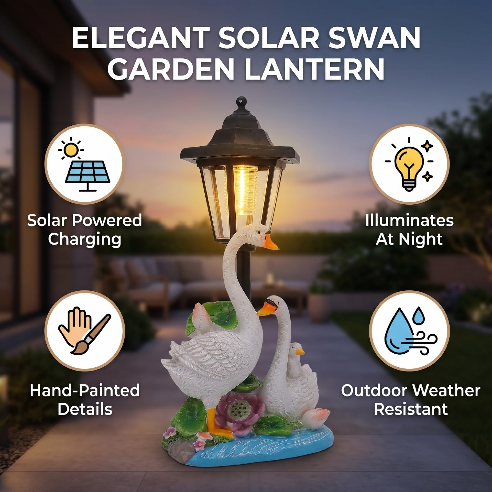 Affascinante Statua Solare da Giardino a Forma di Cigno per la