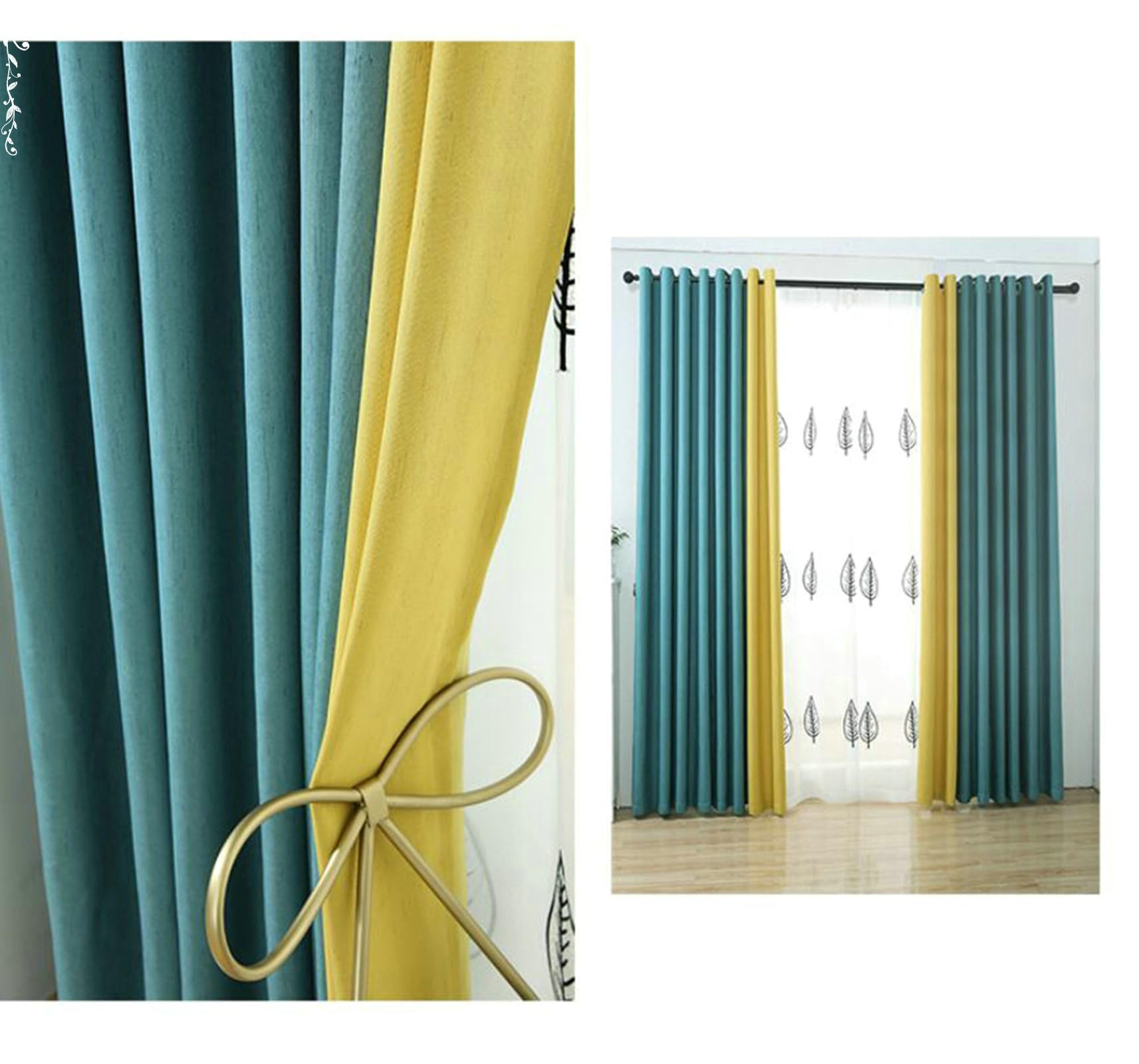 Gualiy Lot de 2 Rideau Occultant Thermiques, Rideaux Bleu Jaune 86x214CM Rideau de Chambre Patchwork de Couleur Unie Rideaux pour Salon, Chambre à Coucher