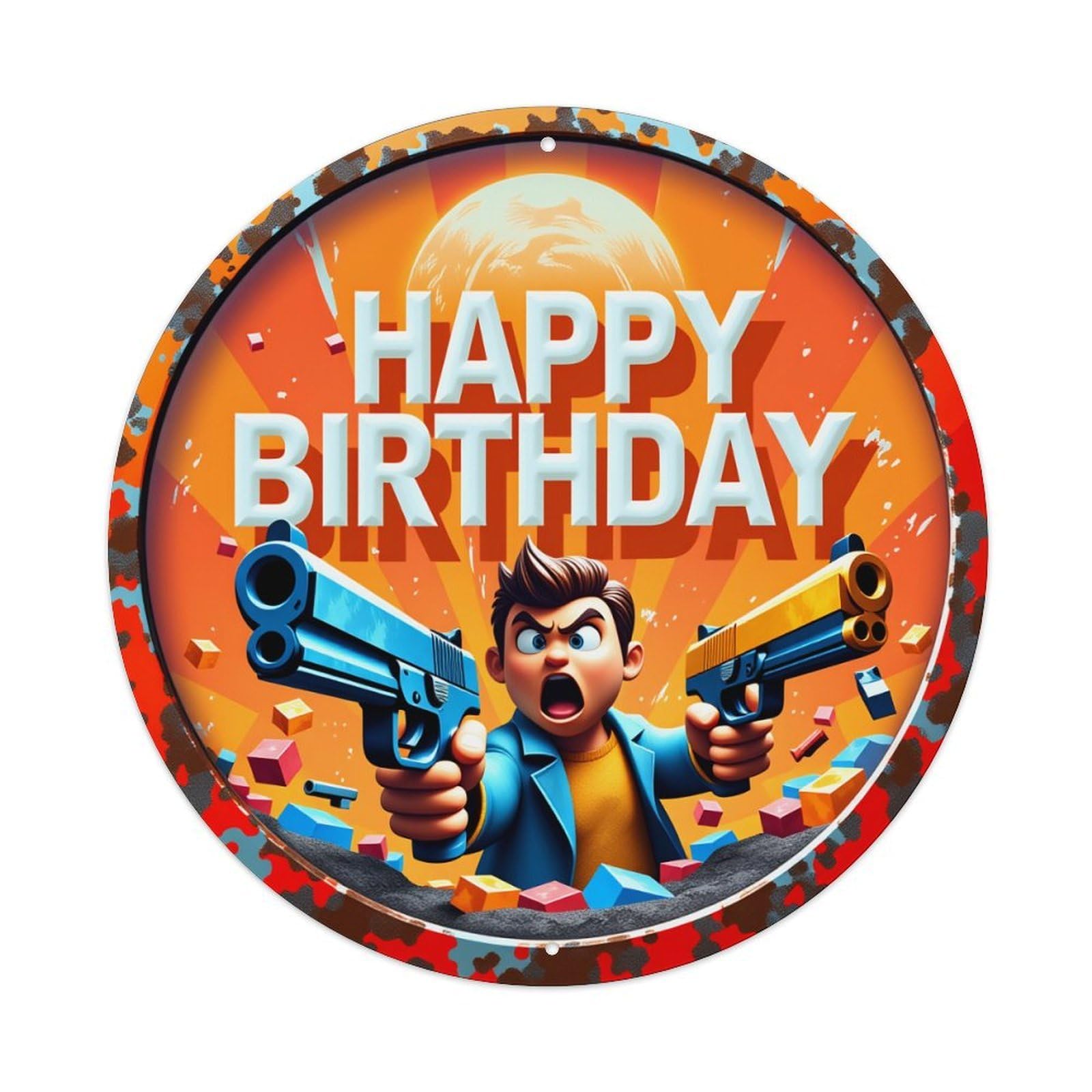Happy Birthday Gun Man Action Round Tin Sign Vintage Metal Poster, Home Bar Garage Man Cave Cafe Indoor & Outdoor Wall Decoration 8x8Inches