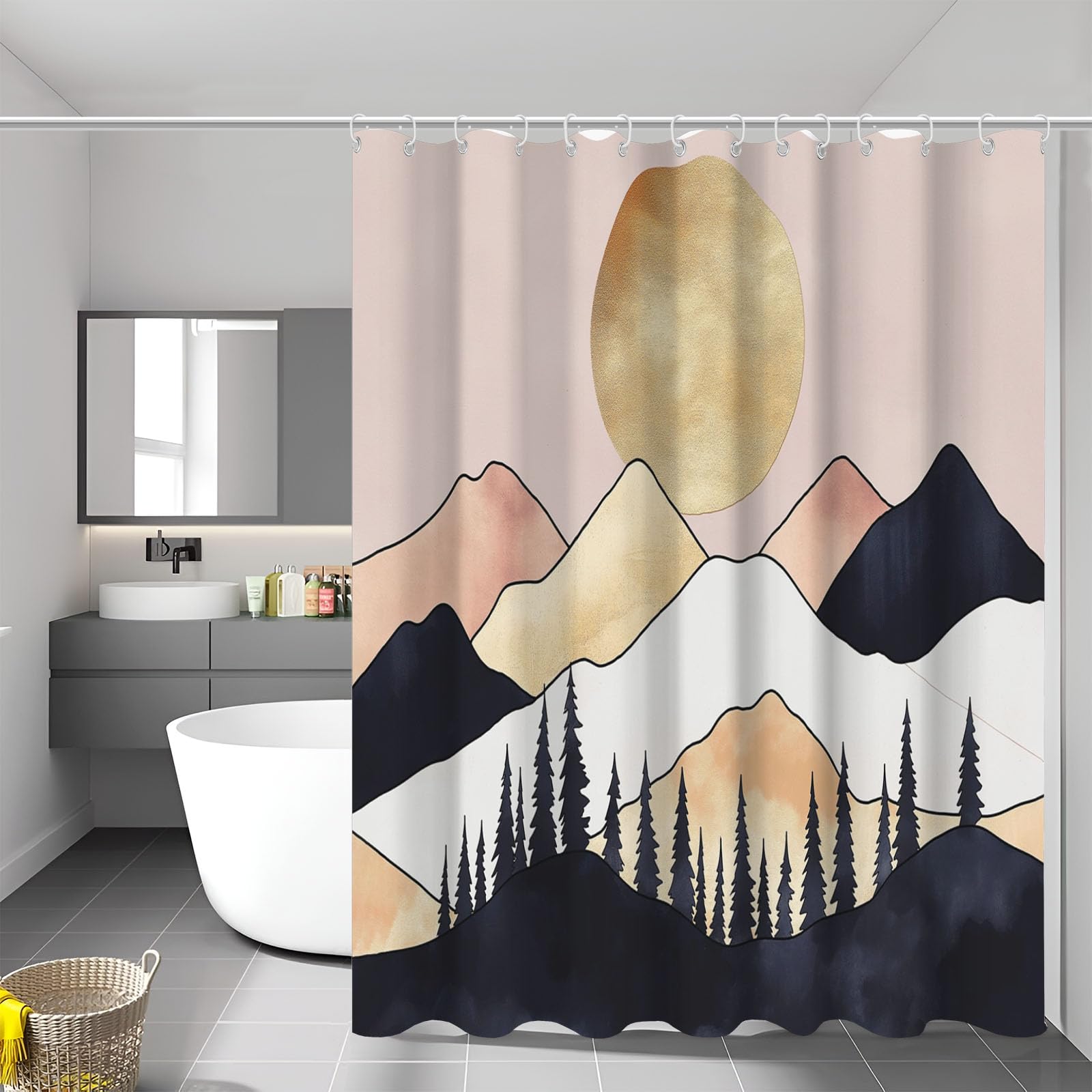 Rideau de douche salle de bain lune et montagnes pour baignoire moderne en polyester