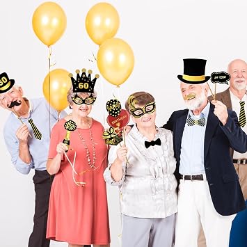 60th Birthday Photo Booth Props and Inflatable Selfie Frame, 36 Pcs 60th Funny DIY Birthday Party Props for Women Men, Black Gold Inflatable Party Photo Booth Frame