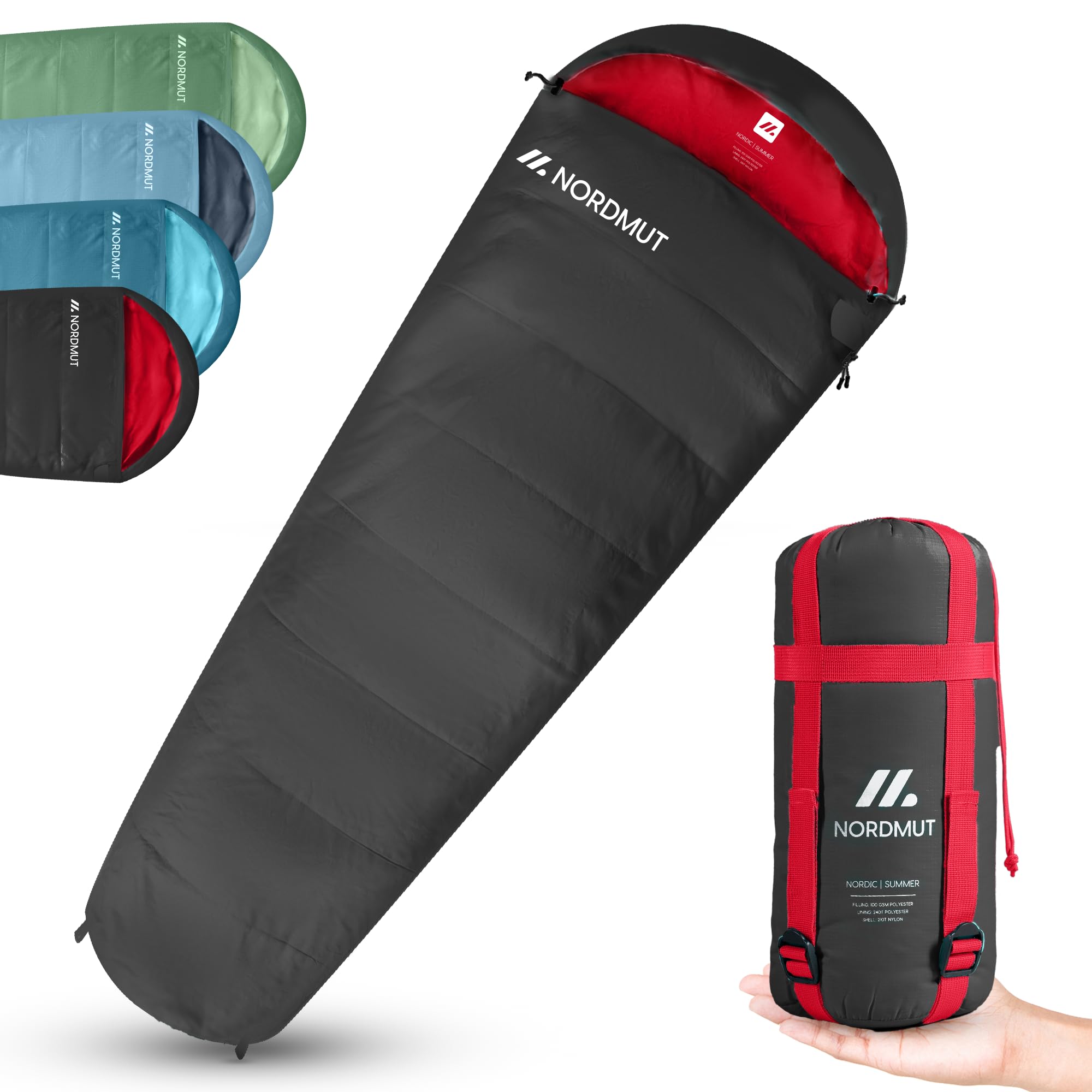 NORDMUTยฎ Sleeping Bag for Adults โ Small Pack Size & Ultra-Lightweight (900/1500g) โ 3-Season (250 GSM) & Summer (100 GSM) โ Mummy - Outdoor Activities & Festivals (Gray/Summer sleeping bag)