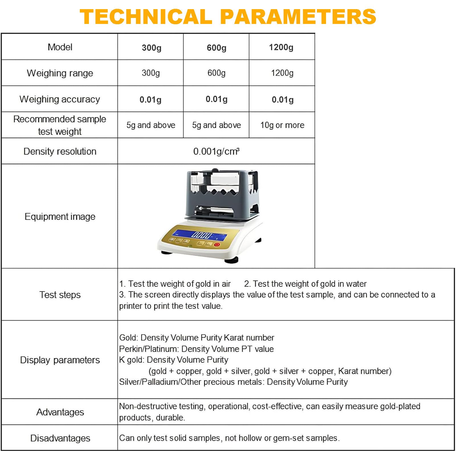 Gold Reinheit Analysegerät Digital Elektronische Testmaschine 1200g Dichtemessgerät für Edelmetall-Authentizitätserkennung