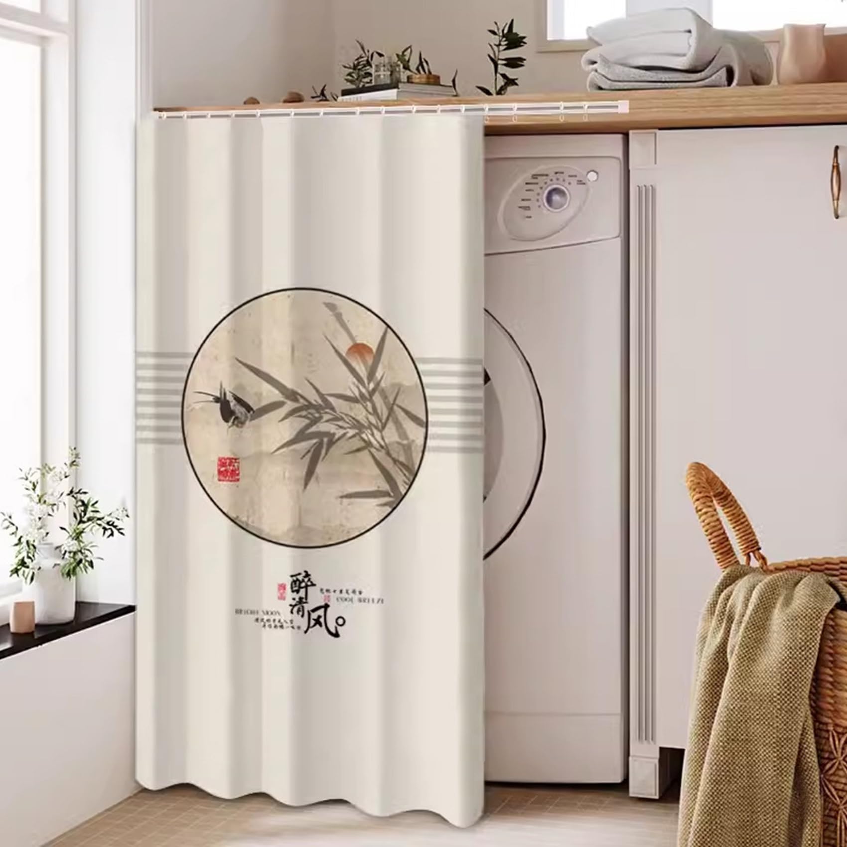 GUOIOOI Dishwasher Curtain,No Drill Silent Curtain for Washing Machine,Waterproof Privacy Hanging Blind with Ink Wash Floral Print for Laundry Area Under Sink(Dark brown,W65*H90cm)