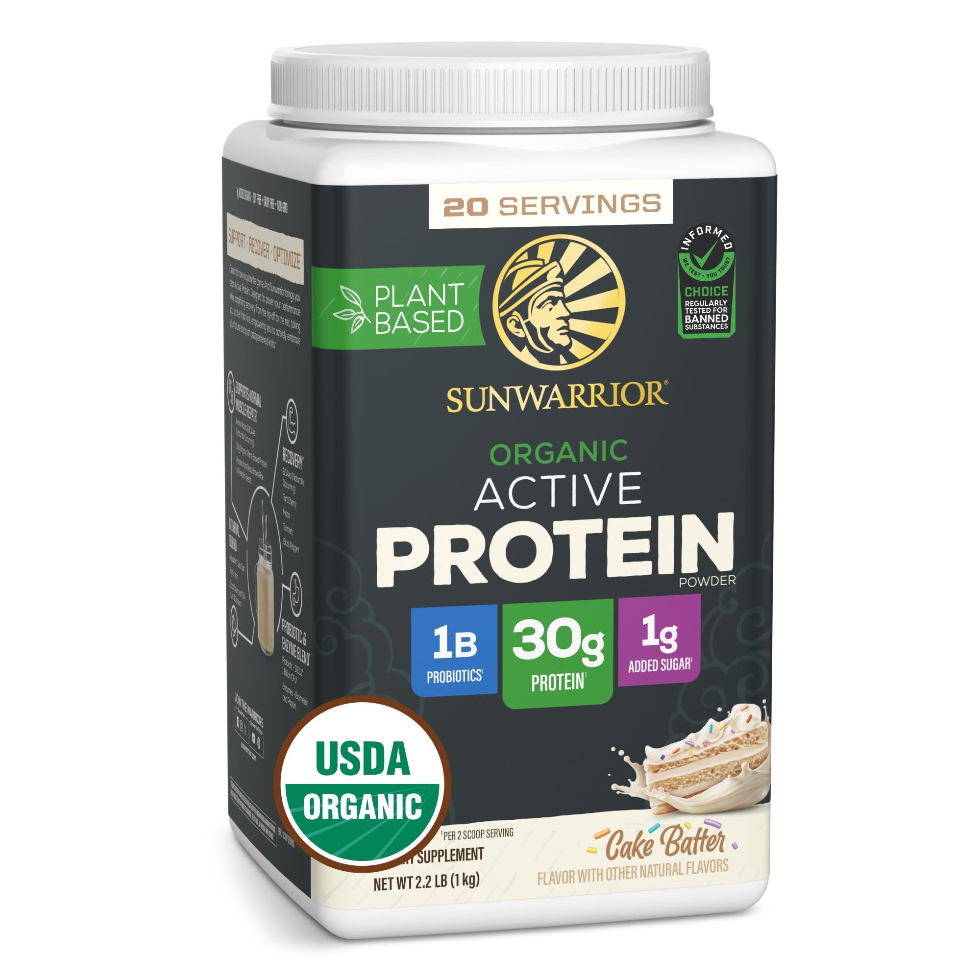Sunwarrior Organic Plant Based Protein Powder | Vegan Organic Protein Powder with BCAA Amino Acids Plus Recovery Minerals & Botanicals | Non-GMO Soy Dairy & Gluten Free (Cake Batter, 20 Servings)