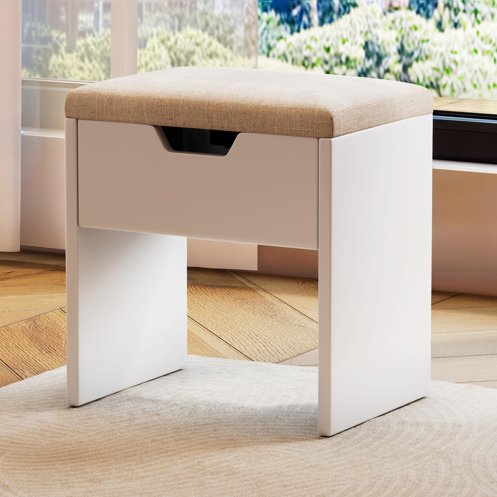 Airfish Taburete Tocador Cómodos con Almacenaje, Silla Tocador Transpirable y Fresco, Baul Banco Almacenaje Tapizado, Reposapies Salon Sofa para Dormitorio, Vestidor, Entrada, Moderno Blanco
