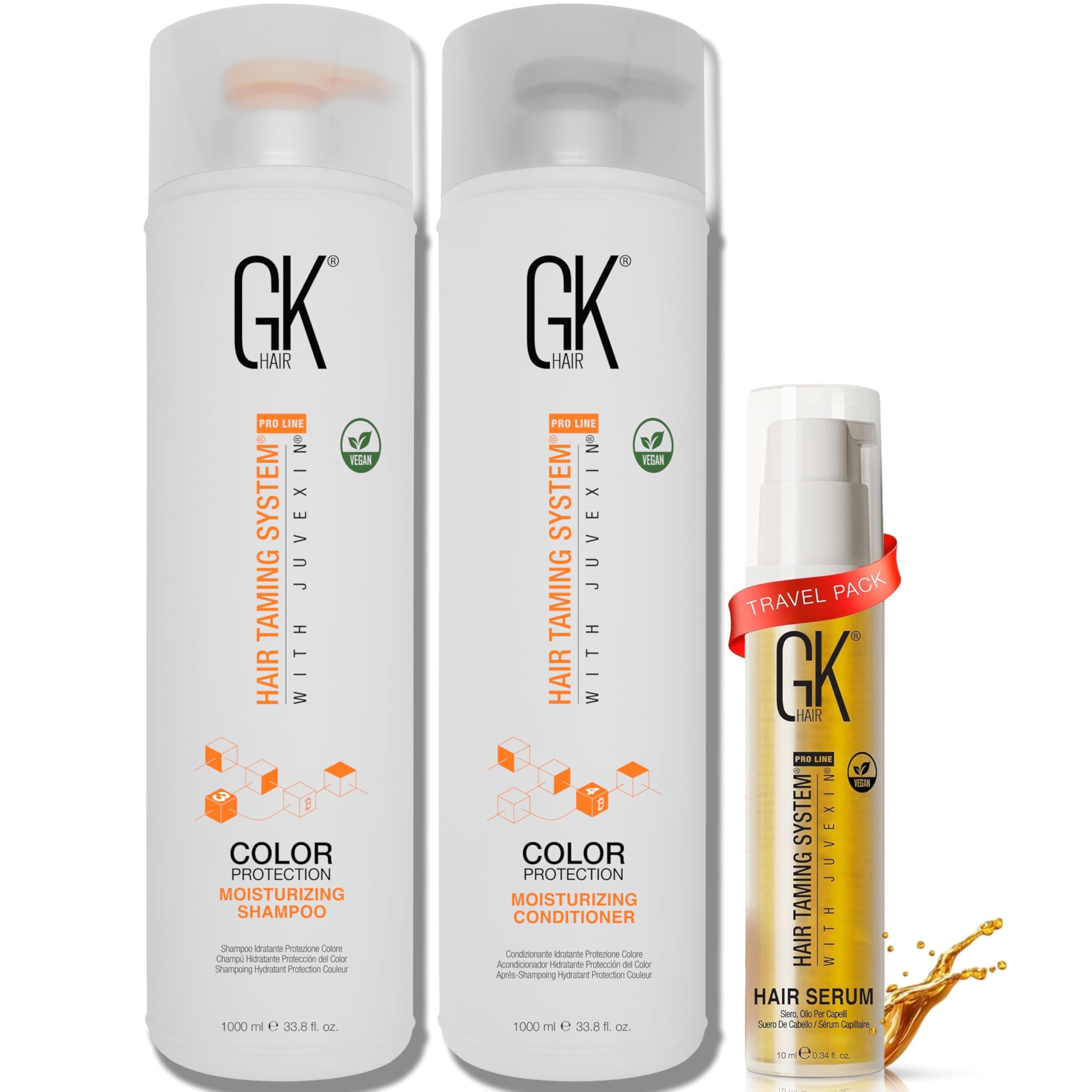 GK Hair Moisturizing Shampoo & Balsamo 1000ml + Olio all’Argan 0.34 Fl Oz – Kit Idratante Capelli Secchi, Normali e Colorati Anti-Crespo e Lucentezza Naturale