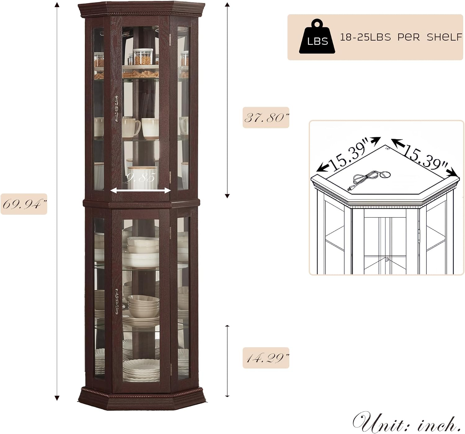 Corner Curio Cabinet with Light Bulb, Tempered Glass Doors, Floor Standing Glass Display Cage with 6 Tempered Glass Shelves, Wine Cabinet Storage Rack for Bar and Liquor Storage (Dark Cherry)