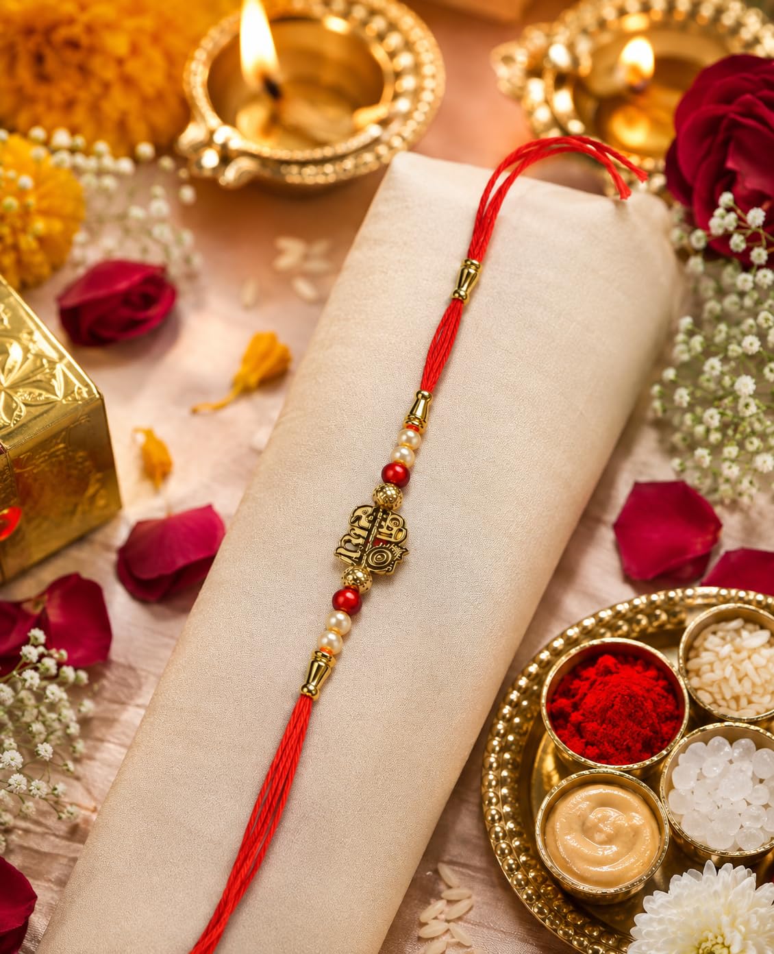subh bandhan Premium Designer Shri Radhe Rakhi for Brother with Puja Samagri | Handmade Traditional Raksha Bandhan Rakhi | Roli, Chawal, Chandan & Mishri Included | Festive-image-30