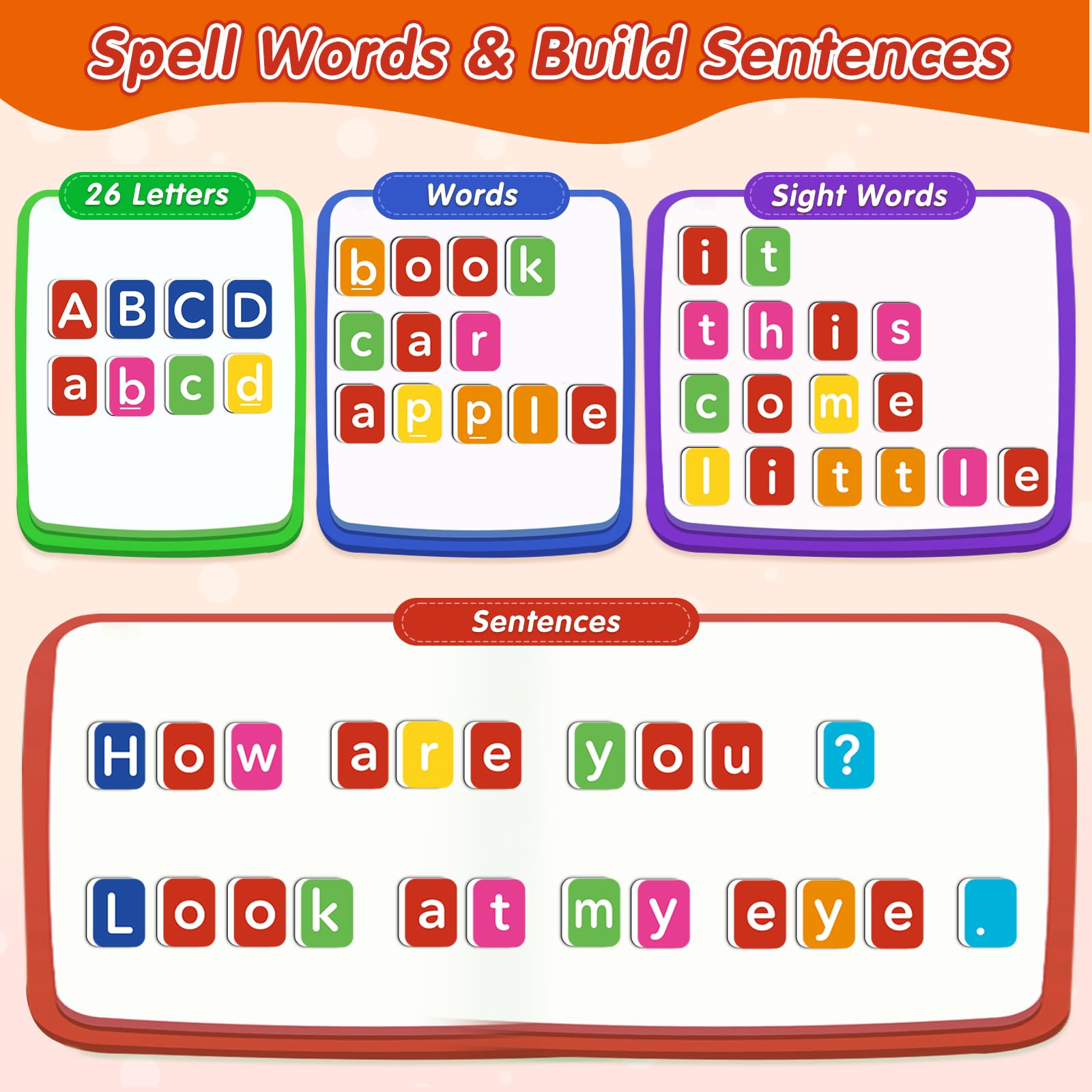 Carreaux de lettres magnétiques pour tout-petits - Aimants de réfrigérateur - Jouets d'apprentissage phonétique - Manipulatives d'orthographe - Jeux de sensibilisation phonémique