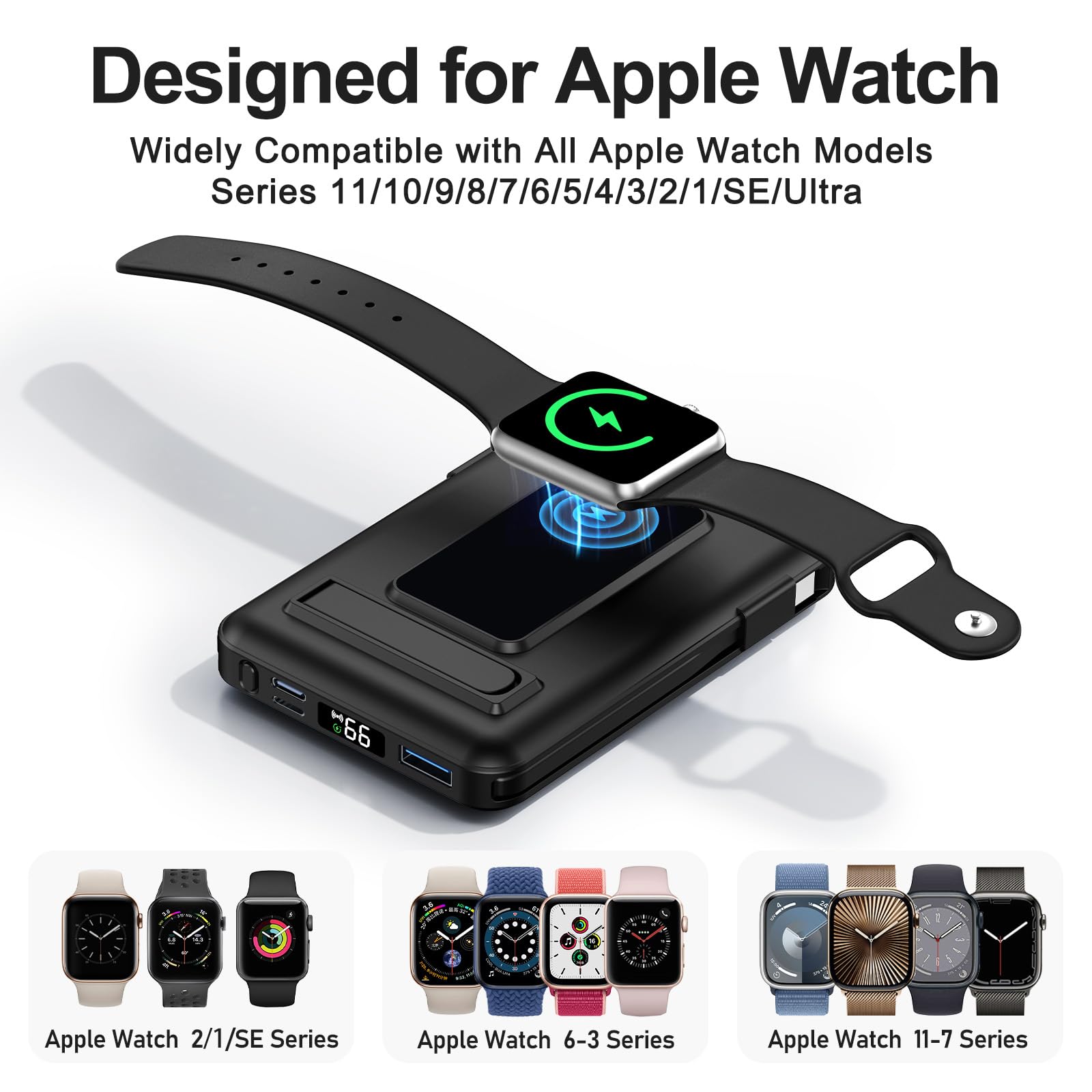 for Batterie Externe Iphone, 10000mAh Power Bank Magnétique Compatible avec MagSafe, Charge Rapide PD 20W avec 2 Câble et Support et Affichage LED, for iPhone 17-12 et Apple Watch Series(Noir)