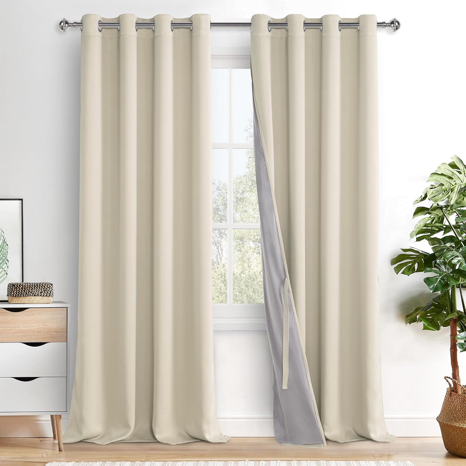 XWZO 100% Blackout Curtains with Tiebacks- 2 Thick Layers Completely Shaded Window Treatment Thermal Insulated Lined Drapes with Grommets for Bedroom/Laundry, Beige, W52 x L95, Set of 2 Panels