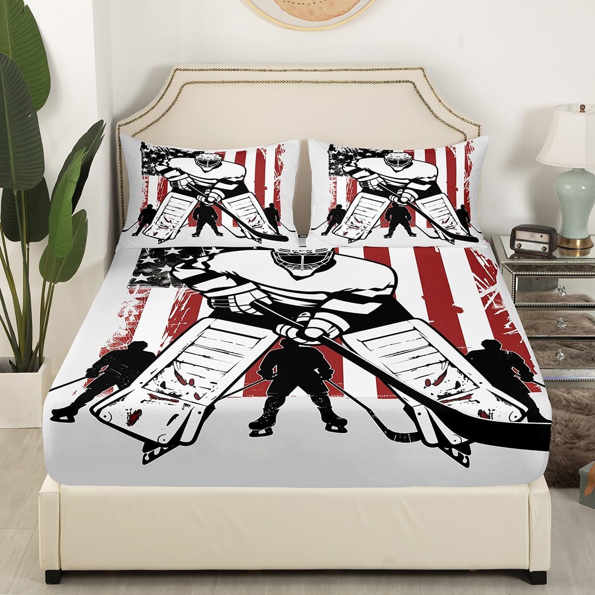 Hockey Player Fitted Sheet,Full Size Sports Gaming Collections American Flag Theme,Soft Decorative Fabric Bedding Deep Pocket for Children Teens Young Boys Girls,with 2 Pillowcases