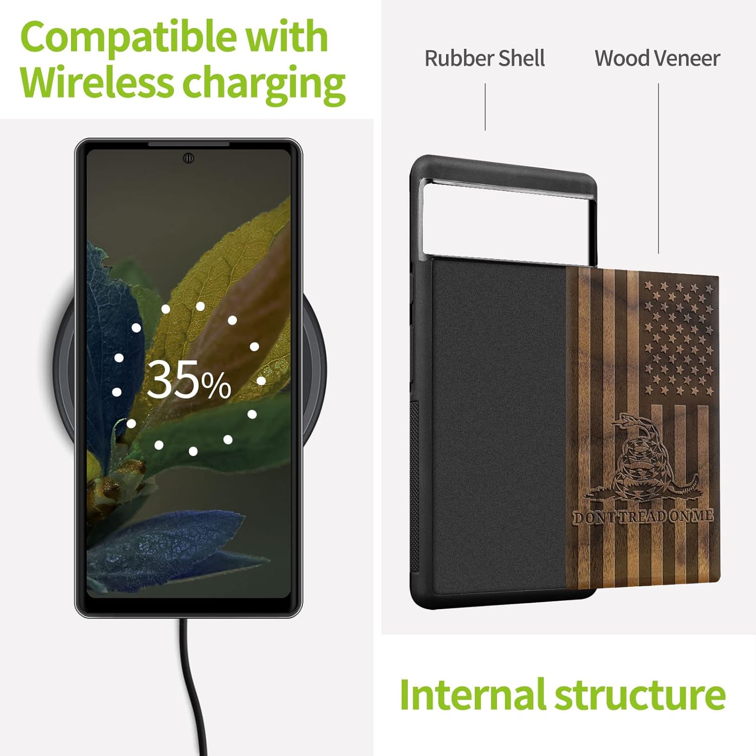 Carveit Wood Case for Pixel 6 Case [Natural Wood & Black Soft TPU] Shockproof Protective Unique & Classy Wooden Cover Compatible with Google Pixel 6 (Gadsden Flag-Walnut)