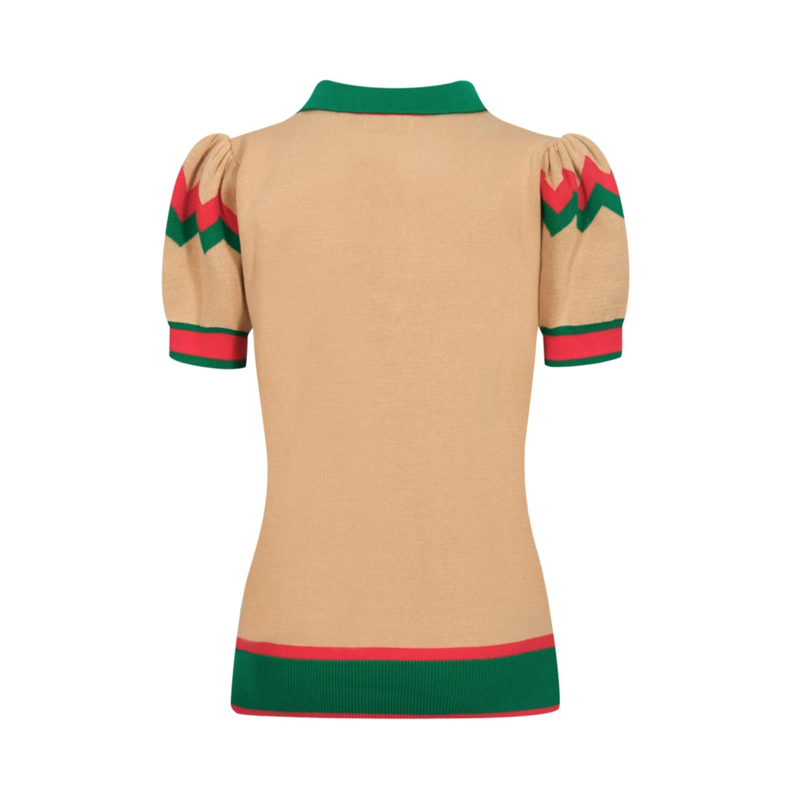 OXKNIT Damen Poloshirt Kurzarm Grün Polohemd mit V-Ausschnitt, Puffärmeln und Tierblumen Jacquardmuster