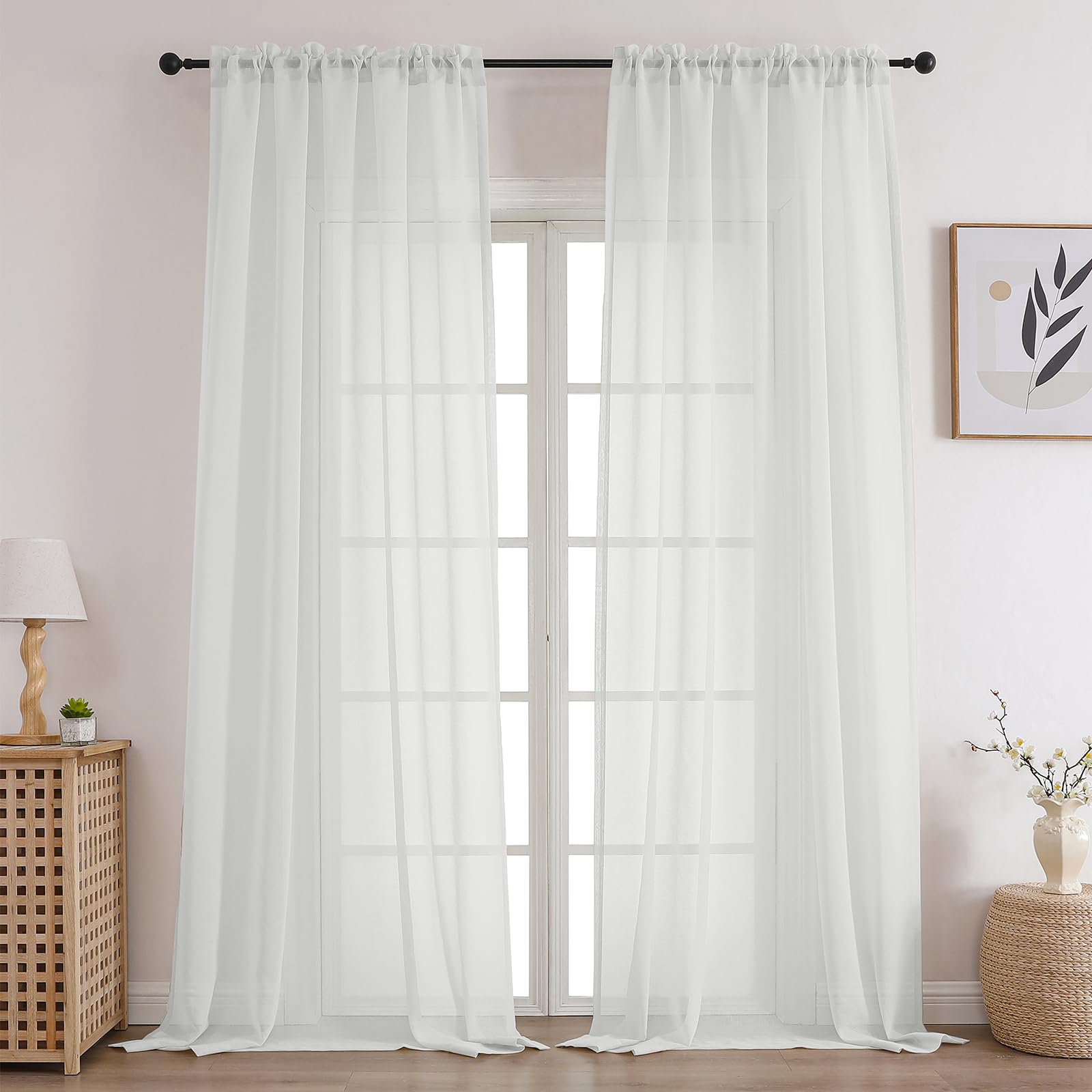 CUCRAF White Sheer Curtains 84 Inches Long 2 Panels Set, Semi Sheer Rod Pocket Window Treatment Voile Drapes for Living Room Bedroom(37''W x 84''L,