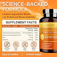 Vista 2 de ZEBORA Vitamina D3+K2-5000 UI Vitamina D3 + 100 mcg K2 MK-7 - Máxima absorción para huesos, dientes, corazón e inmune apoyo - Fácil de tragar, sin
