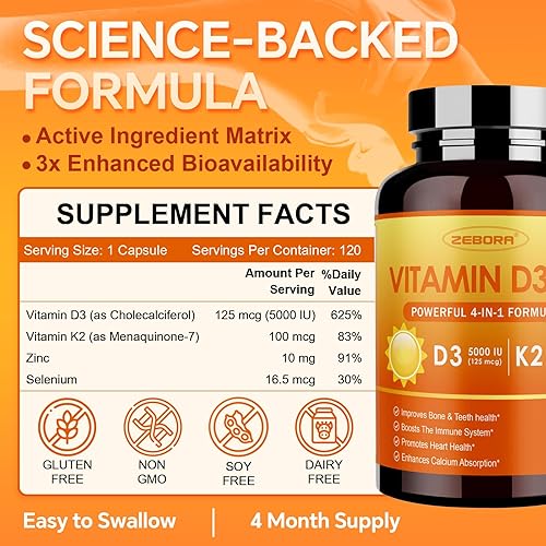 Miniatura 2 de ZEBORA Vitamina D3+K2-5000 UI Vitamina D3 + 100 mcg K2 MK-7 - Máxima absorción para huesos, dientes, corazón e inmune apoyo - Fácil de tragar, sin