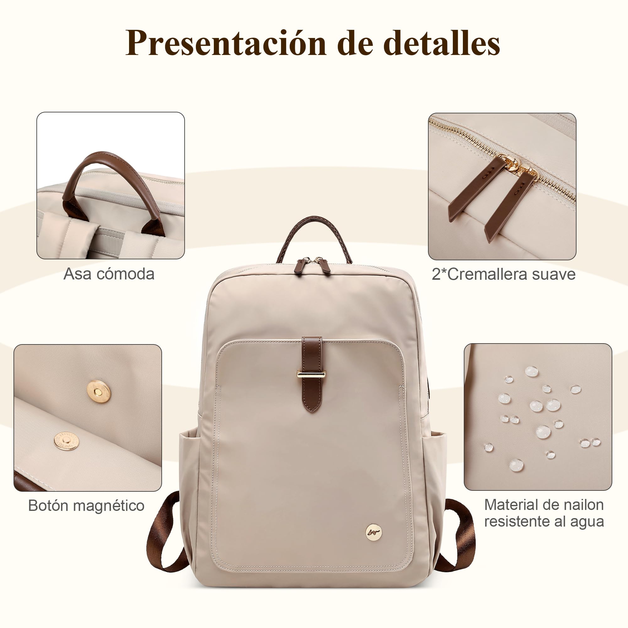 Mochilas Mujer Casual Moda Bolso de Señoras para portátil de 15,6 Pulgadas con Mango Bolso de la Universidad Escuela Viaje Trabajo Impermeable Nylon Bolso de Mujer Blanco