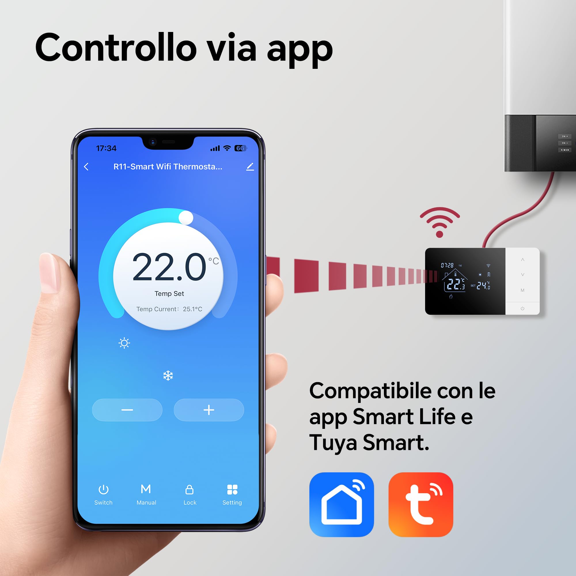 Termostato Wi-Fi a batteria con 2 fili, controllare per la caldaia a gas, termostato Tuya programmabile giornalmente, compatibile con controllo vocale di Google e Alexa.W506 3A